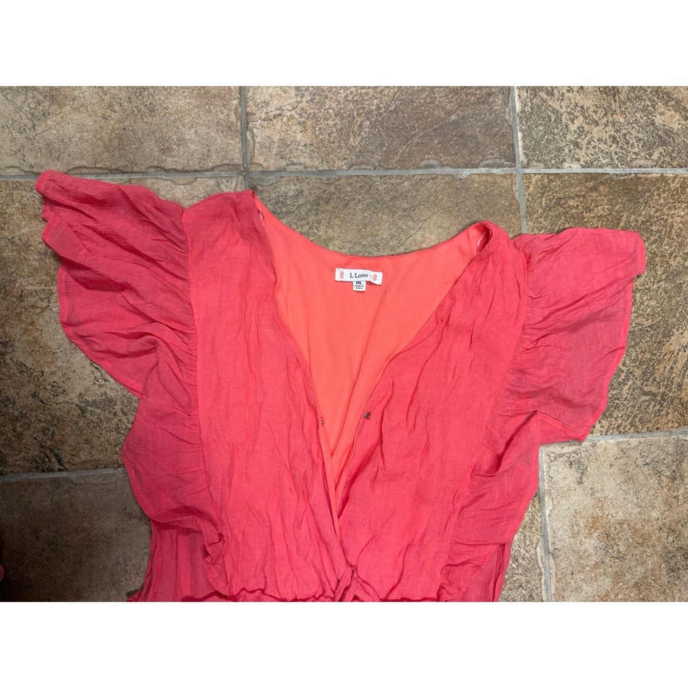 L Love Coral Pink Flutter Sleeve Ruffle Maxi Dress Womens XL Gauze V-Neck Boho